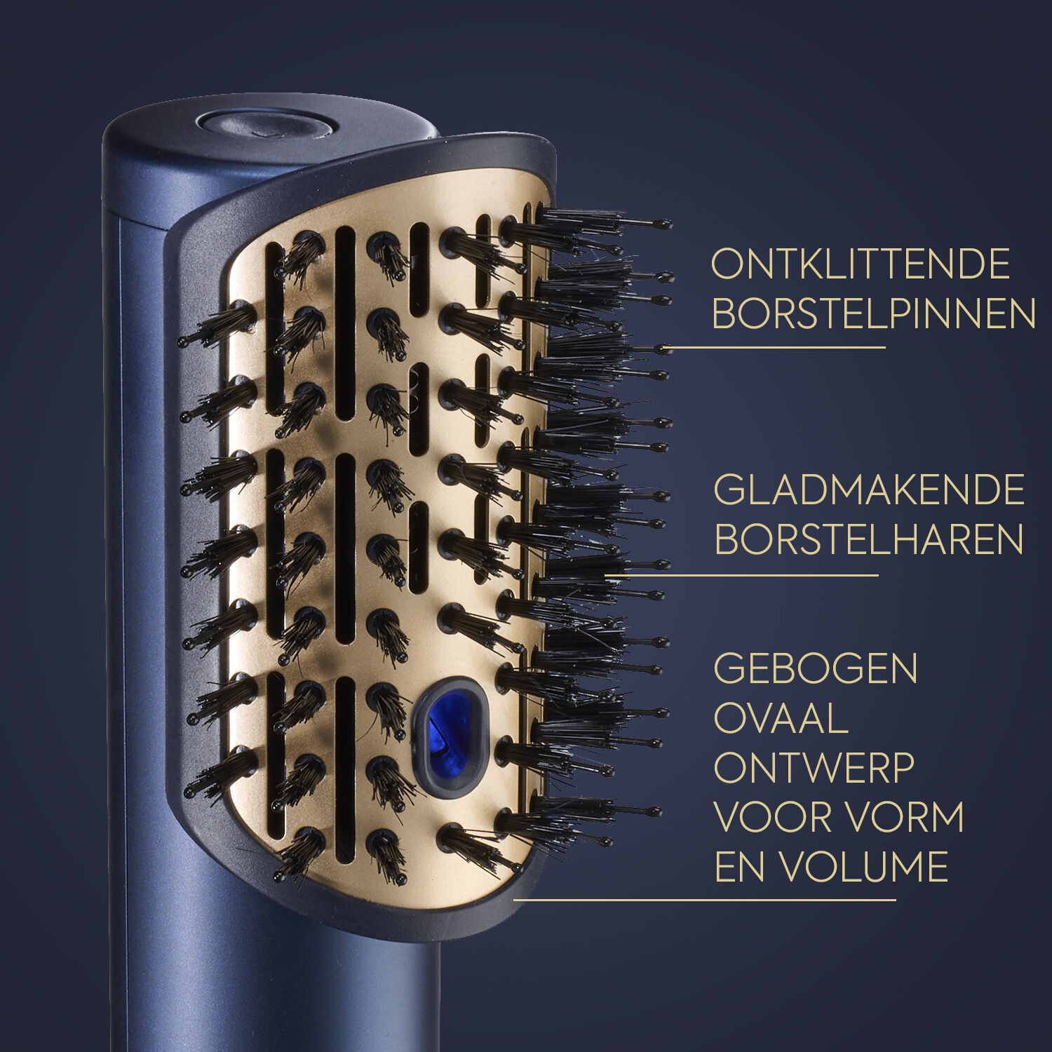 ONTWARRENDE PINNEN. GLADMAKENDE BORSTELHAREN. Gebogen ovaal ontwerp voor vorm en volume